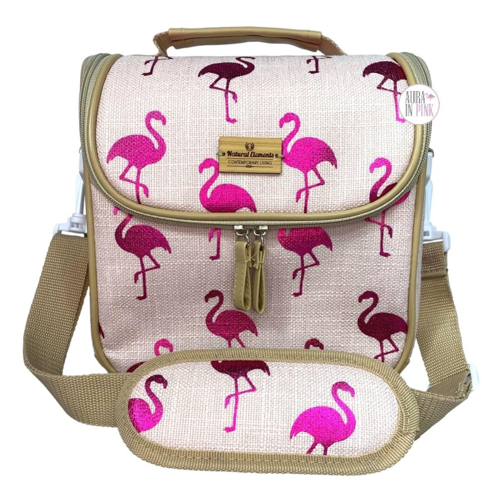 Natural Elements- Metallic Flamingo Print Tan & Pink Insulated Cooler Bags